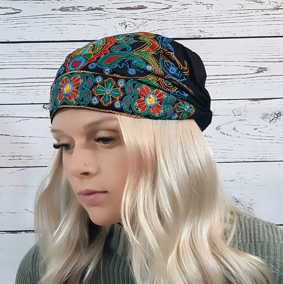 Bohemian BOHO head wrap, scarf, head wrap,Navy - Picture 4 of 6